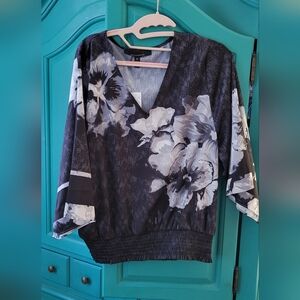 White House Black Market Black Floral V-Neck Tunic